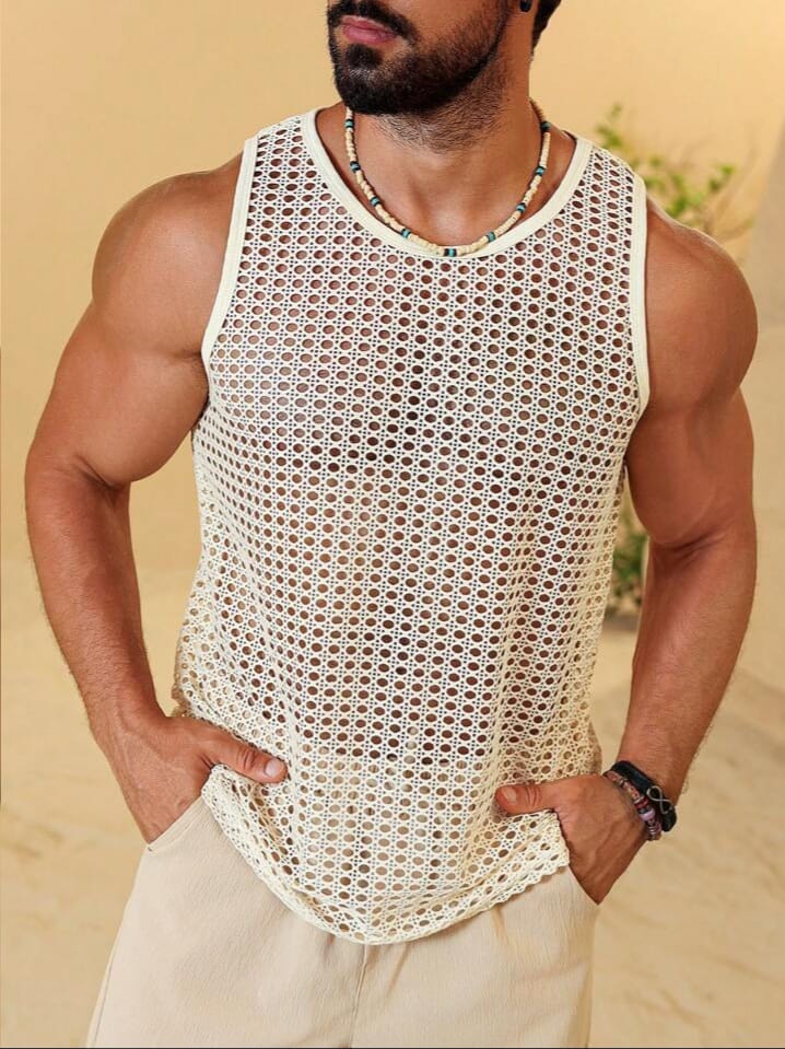 Men's Summer Vacation Style Mesh Sleeveless See-Through Tank Top Men Mesh Tank Top